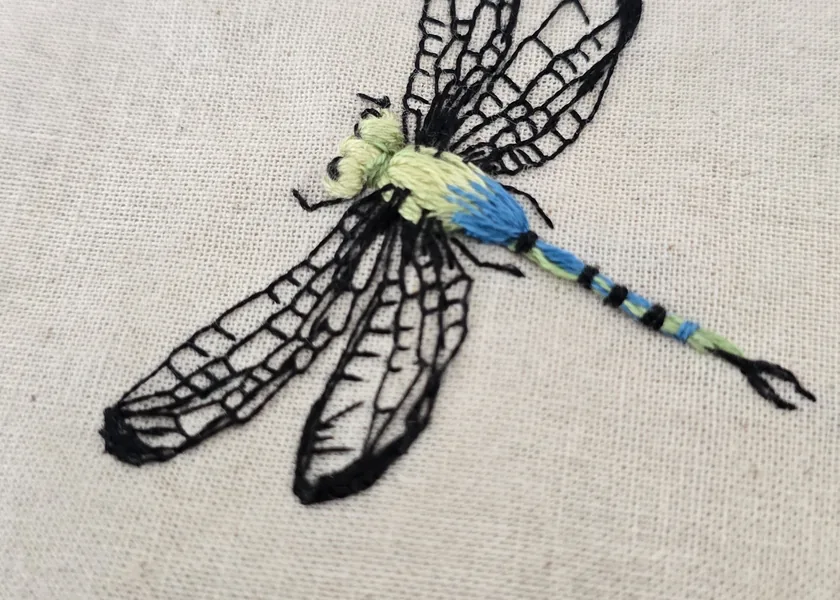 Hand-embroidered dragonfly on natural fabric