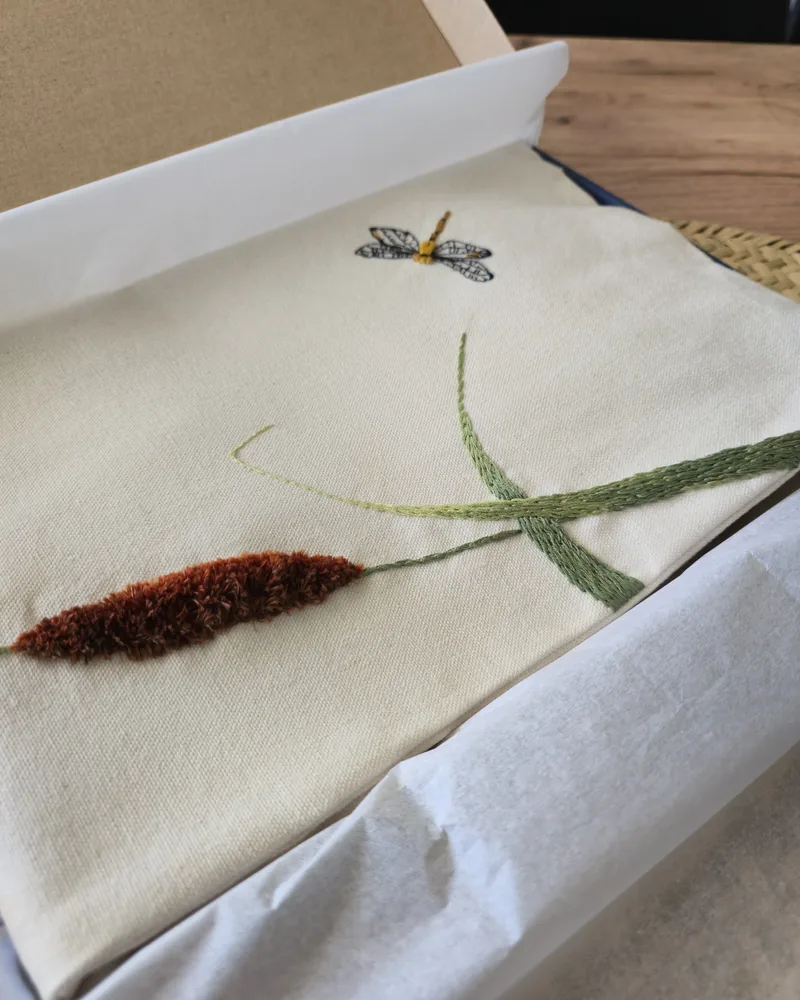 Dragonfly and bulrush embroidery